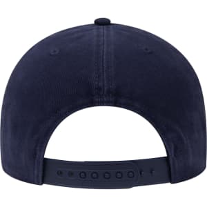 A navy blue 6 panel low profile dad hat featuring a back strap and a logo.