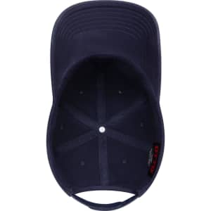 A navy blue 6-panel low profile dad hat with a plain interior and a secured back strap. It has a logo.