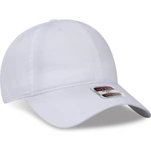 A white 6-panel low profile dad hat featuring a curved brim and a logo on the label.