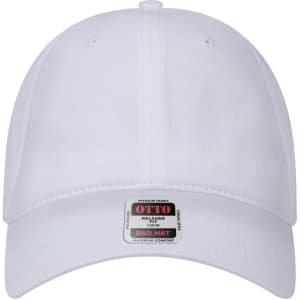 A white six-panel low profile dad hat with a logo tag at the front.