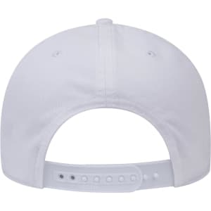 A white 6 panel low profile dad hat with a snapback closure and ventilation eyelets on the back.