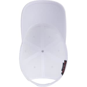 A white 6-panel low profile dad hat with an adjustable back and a logo on the side.