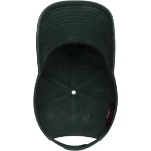 A dark green, low-profile dad hat with a branding logo, featuring a curved brim and an interior view.