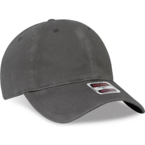 A grey 6 panel low profile dad hat with a curved brim and a small logo on the side.