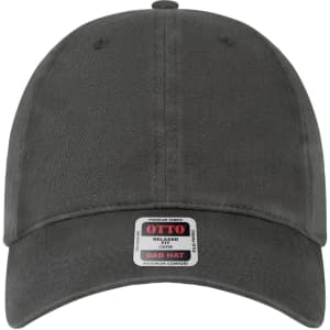 A dark grey 6 panel low profile dad hat with a logo tag on the front.