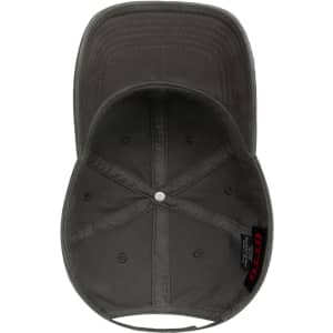 A grey 6-panel low profile dad hat featuring an interior view with stitching details and a branding label inside.