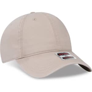 A beige six-panel low profile dad hat featuring a branded label.