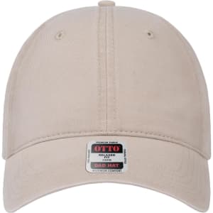 A 6-panel low profile dad hat in a light beige colour, featuring a logo on the front.
