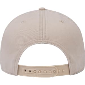 A beige 6 panel low profile dad hat featuring an adjustable strap at the back and a logo.