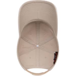 A tan 6 panel low profile dad hat with a rounded crown and an adjustable back strap. Features an interior lining.
