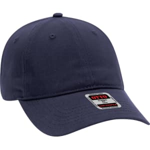 A navy blue 6 panel baseball cap with a low profile design and a label on the front.