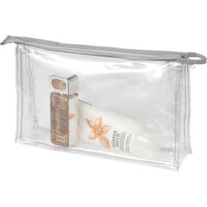A clear zippered toiletry bag containing a perfume bottle and a cream tube, showcasing its transparent design.