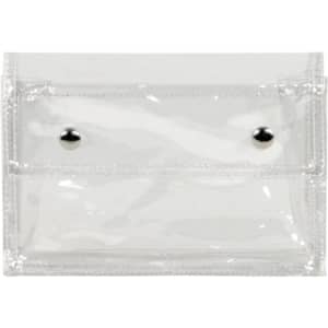 A clear plastic bag featuring press buttons, with two compartments and a transparent finish.