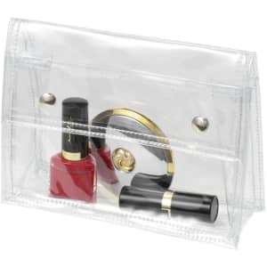 A clear, transparent bag featuring press buttons, holding red nail polish, a round mirror, and two lipsticks.