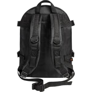 A black sport backpack featuring adjustable straps and multiple compartments. It includes a logo on the design.