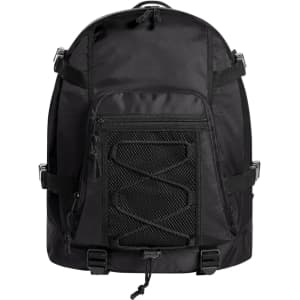 A black sport backpack with a mesh pocket, adjustable straps, and a sturdy design. It has a logo on the front.