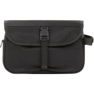 A black business wash bag with a flap closure, adjustable strap, and front buckle feature. It has a logo on the surface.