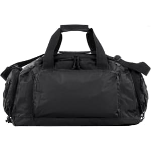 A black duffle bag with multiple compartments and handles, featuring a detachable shoulder strap and a logo.