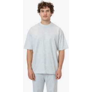 A model wearing a light grey short sleeve crewneck tee, featuring a relaxed fit and a logo on the sleeve.