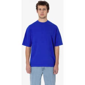 A bright blue short sleeve crewneck tee, featuring a relaxed fit and a simple design. It has a logo on the front.
