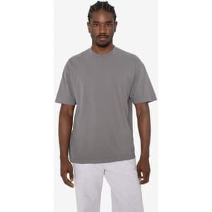 A grey short sleeve crewneck tee displayed on a model, featuring a relaxed fit and a logo.