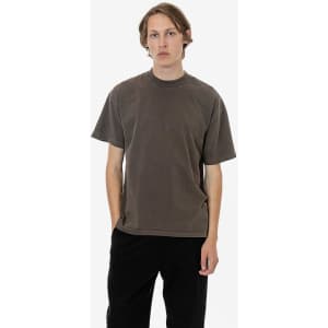 A short sleeve crewneck tee in a garment dye finish, featuring a muted brown colour and a simple design.