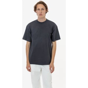 A crewneck t-shirt in a dark grey colour, featuring short sleeves and a simple design. It has a logo on the front.