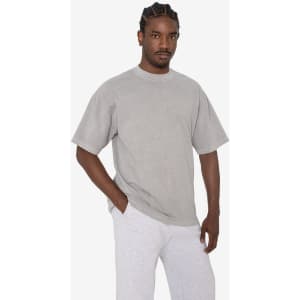 A grey short sleeve crewneck tee displayed on a model, featuring a relaxed fit and a logo.