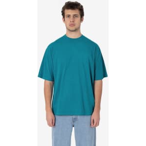 A crewneck T-shirt in teal, featuring short sleeves and a relaxed fit, with a logo.