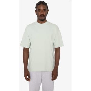 A short sleeve crewneck tee in a soft green colour, featuring a loose fit and a logo.