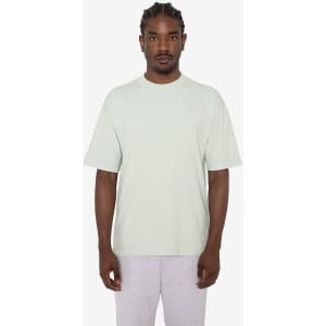 A light green short sleeve crewneck t-shirt displayed on a model, featuring a simple design and a logo.