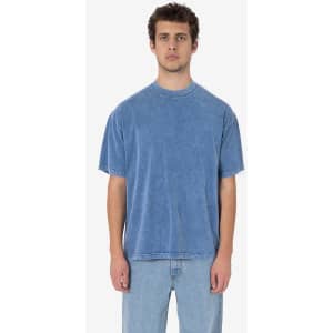 A blue mineral wash crew tee for men with a relaxed fit and short sleeves, displayed on a model.