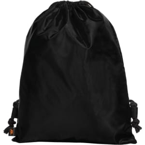 A black drawstring backpack made from sport taffeta material, featuring adjustable toggle closures and a logo.