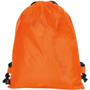 An orange drawstring backpack made of taffeta material, featuring black cords for closure and a logo.