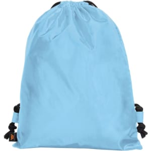 A light blue drawstring backpack with black drawcords and a small logo.