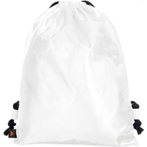 A white drawstring backpack with black cords, featuring a small logo on the side.