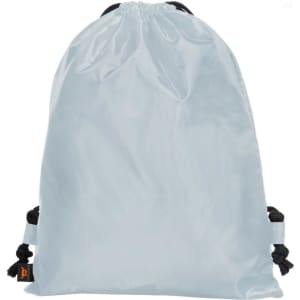 A light blue drawstring backpack with black cord straps and a simple design. It features a logo.