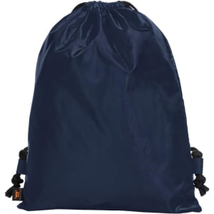 A navy blue drawstring backpack with black cords and a logo on the side.
