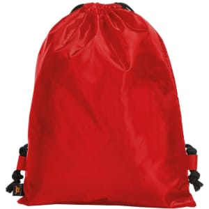 A red drawstring backpack made of taffeta, featuring black cords and a branding logo.