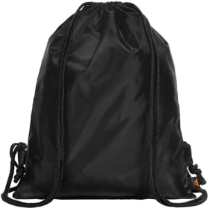 A black sport taffeta backpack with drawstring closure and adjustable straps. It features a logo.