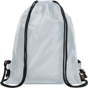 A light grey drawstring backpack with black cords, featuring a logo on the side.
