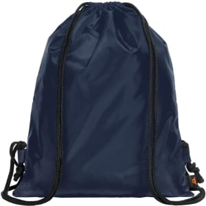 A navy blue drawstring backpack made from sport taffeta, featuring a logo and adjustable straps.
