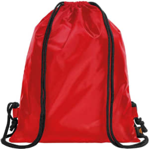 A red drawstring backpack with black drawcords and a simple design, featuring a logo.