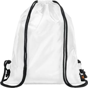 A white drawstring backpack with black cords and a logo. Ideal for carrying lightweight items.