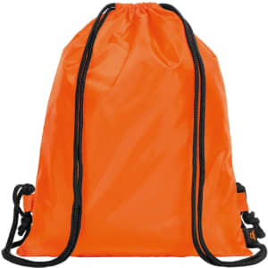 An orange drawstring backpack with black cords, featuring a logo. Ideal for carrying lightweight items.