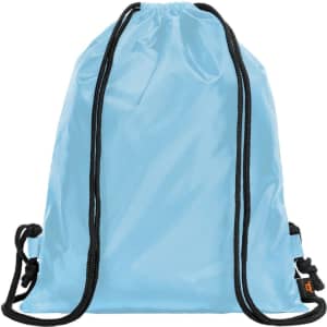 A light blue drawstring backpack made from sport taffeta material, featuring black straps and a logo.