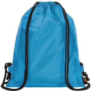 A blue drawstring backpack made of taffeta material, featuring black drawstrings and a logo.