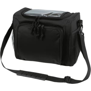 A black cooler bag with a clear top compartment, side mesh pockets, and an adjustable strap. Features a logo.