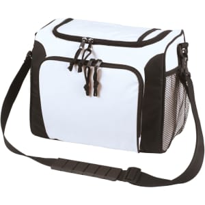 A white and black cooler bag with a zippered top and mesh side pockets, featuring an adjustable strap and logo.