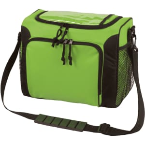 A green cooler bag with black accents, featuring a zippered closure and a shoulder strap. There is also mesh detailing.
